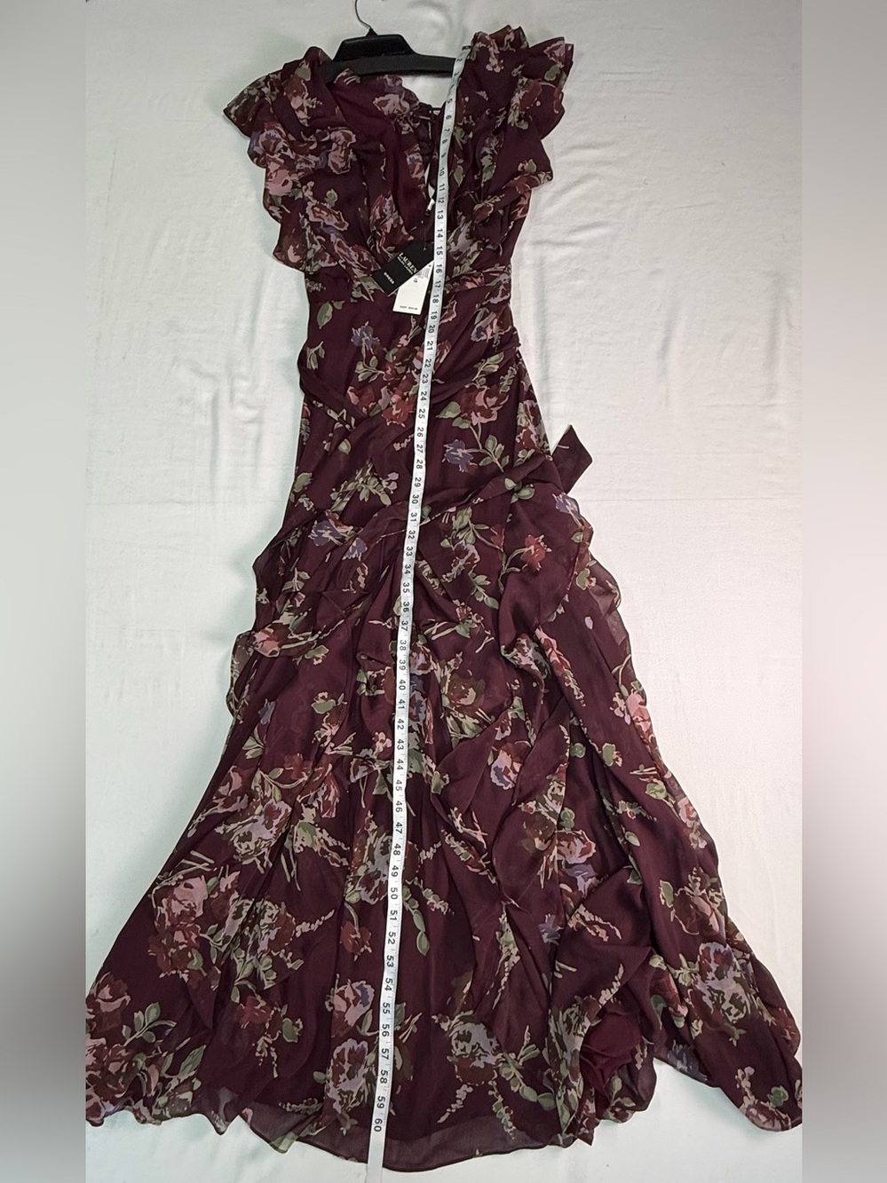 Lauren Ralph Lauren Burgundy Floral V-Neck Chiffon Ruffle Maxi Dress 14 & 16